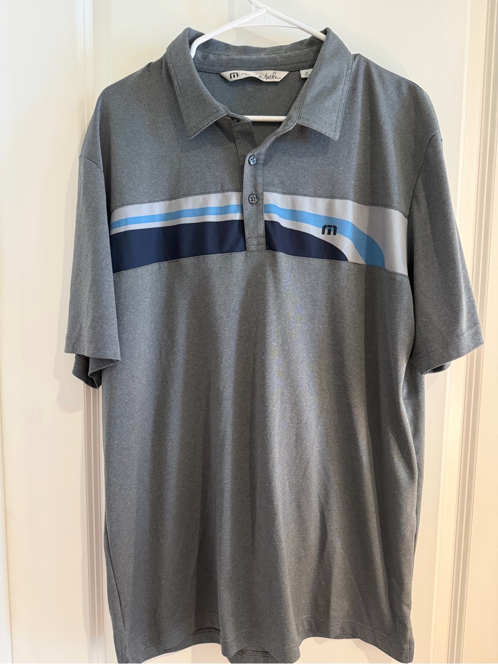 Travis Mathew Gray Polo with Blue Stripe Accents